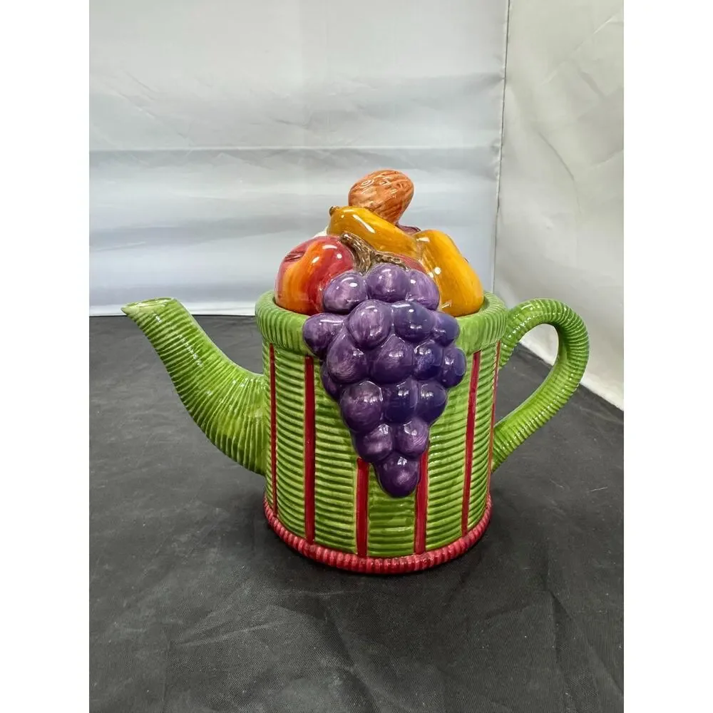 Vintage Cooks Club Ceramic Basket of Fruit Teapot Wicker Basketweave Harvest 6
